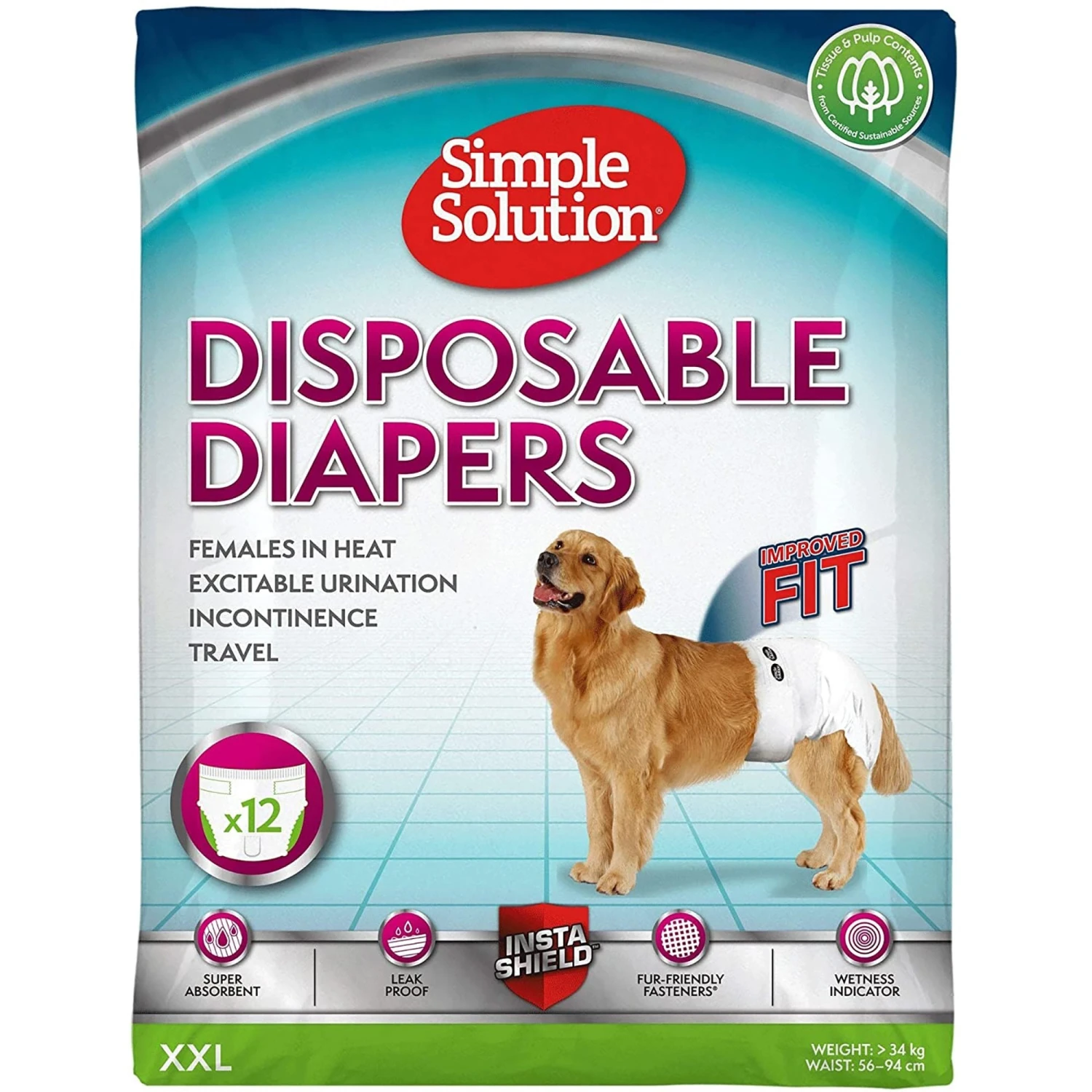 SIMPLE SOLUTION Disposable Diapers For XX Large Dogs - 12 Pack 3 SIMPLE SOLUTION Disposable Diapers For XX Large Dogs - 12 Pack